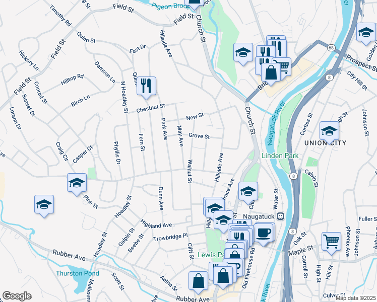 map of restaurants, bars, coffee shops, grocery stores, and more near 21 May Avenue in Naugatuck