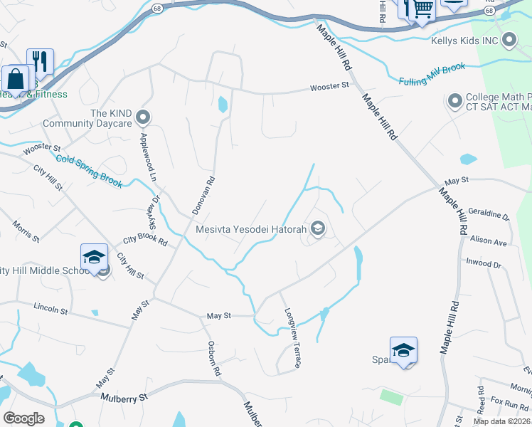 map of restaurants, bars, coffee shops, grocery stores, and more near 40 Country Hollow Road in Naugatuck