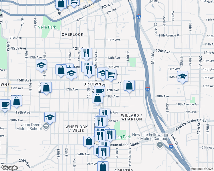map of restaurants, bars, coffee shops, grocery stores, and more near 1616 16th Street in Moline