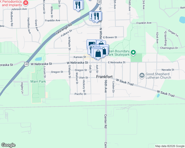map of restaurants, bars, coffee shops, grocery stores, and more near 149 Oak Street in Frankfort