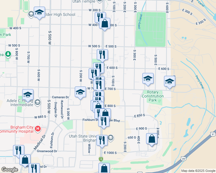 map of restaurants, bars, coffee shops, grocery stores, and more near 21 East 700 South in Brigham City