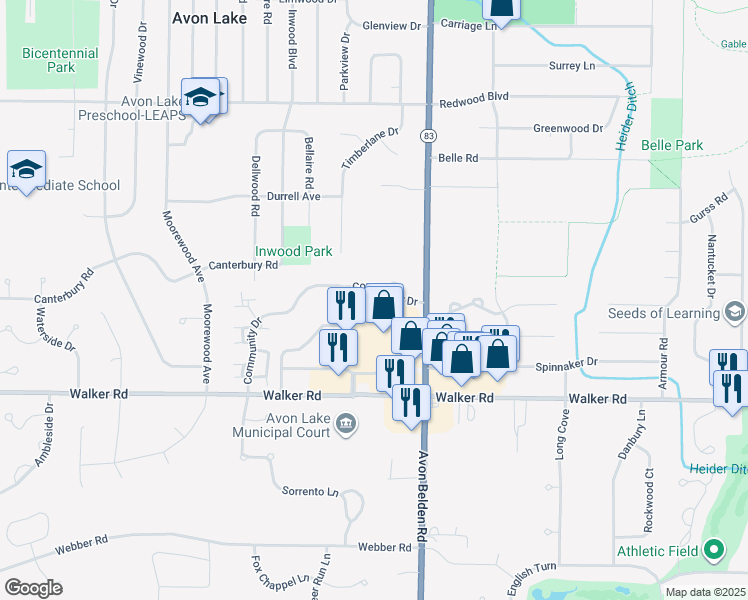 map of restaurants, bars, coffee shops, grocery stores, and more near 100 Community Drive in Avon Lake