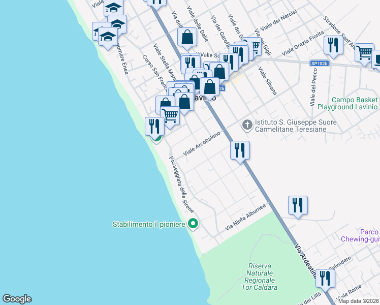 map of restaurants, bars, coffee shops, grocery stores, and more near 59 Via Arcobaleno in Anzio