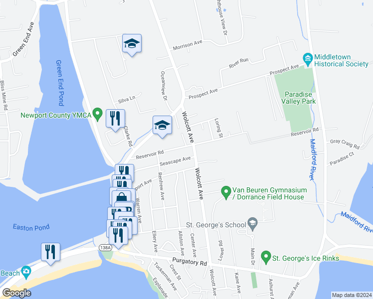 map of restaurants, bars, coffee shops, grocery stores, and more near 135 Reservoir Road in Middletown