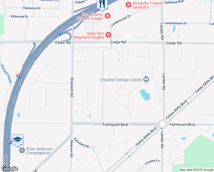 map of restaurants, bars, coffee shops, grocery stores, and more near 2555 Windy Hill Drive in Pepper Pike
