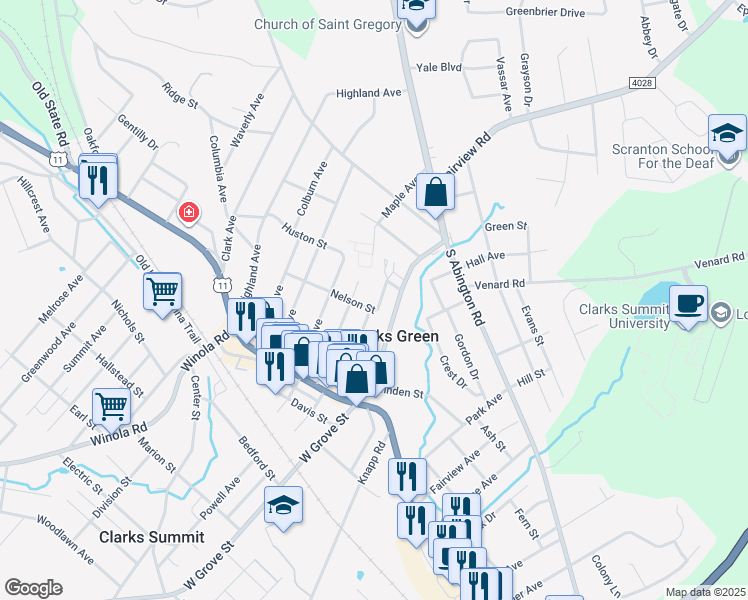 map of restaurants, bars, coffee shops, grocery stores, and more near 130 Nelson Street in Clarks Green