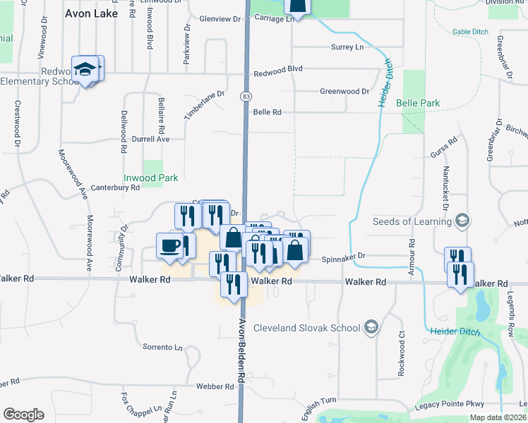 map of restaurants, bars, coffee shops, grocery stores, and more near 13 Landings Way in Avon Lake
