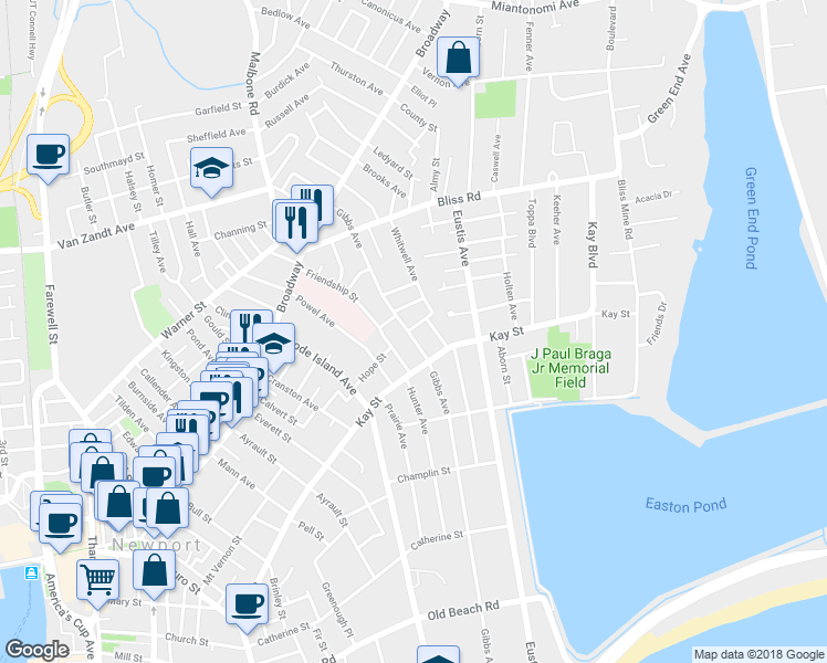 map of restaurants, bars, coffee shops, grocery stores, and more near 138 Gibbs Avenue in Newport