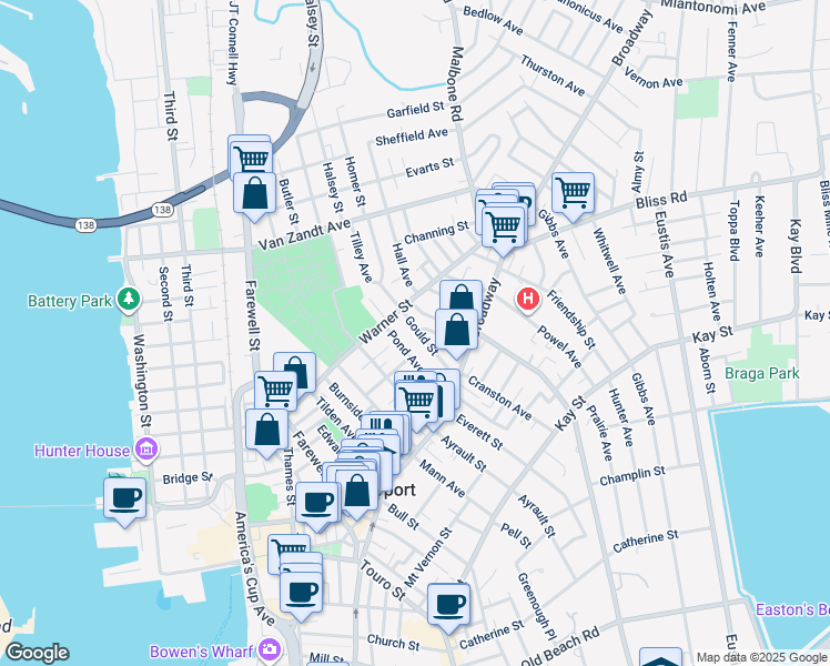 map of restaurants, bars, coffee shops, grocery stores, and more near 15 Gould Street in Newport