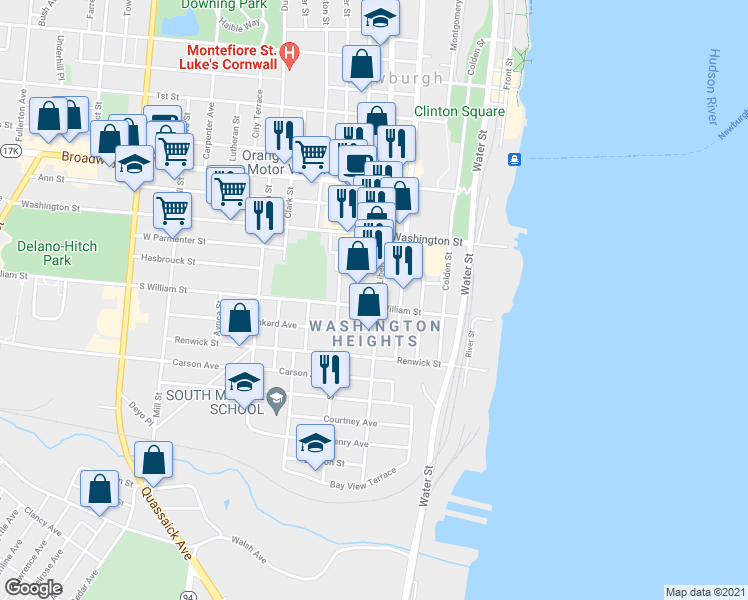map of restaurants, bars, coffee shops, grocery stores, and more near 96 South William Street in Newburgh