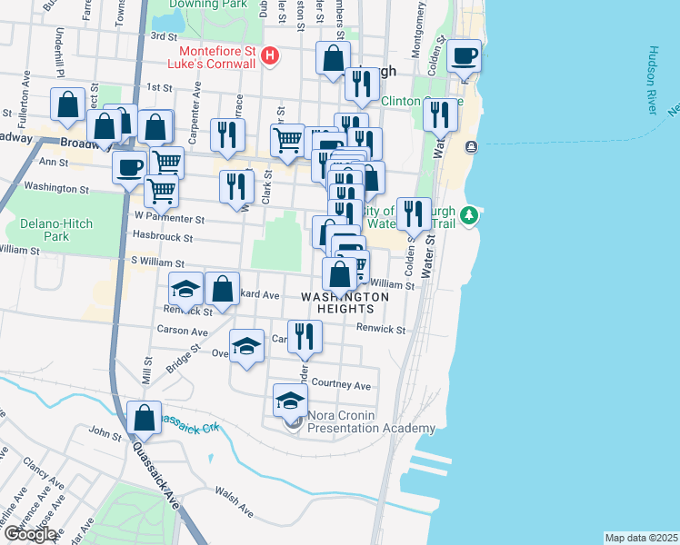 map of restaurants, bars, coffee shops, grocery stores, and more near 96 South William Street in Newburgh