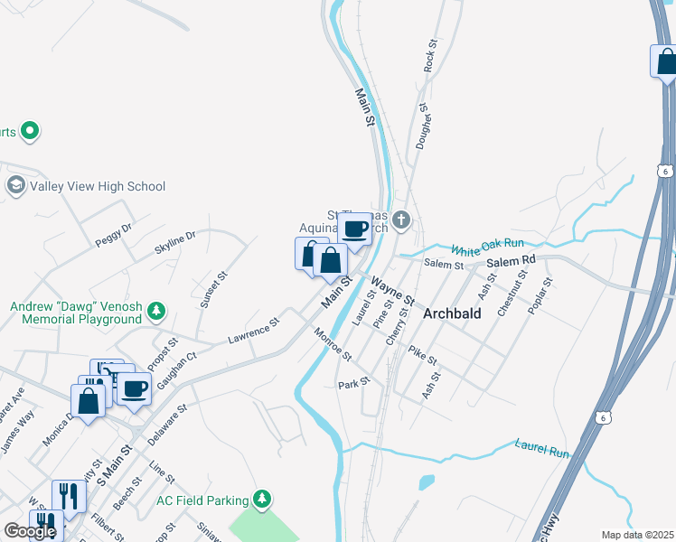 map of restaurants, bars, coffee shops, grocery stores, and more near 406 Academy Street in Archbald