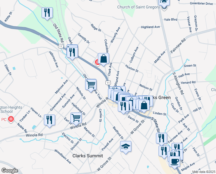 map of restaurants, bars, coffee shops, grocery stores, and more near 112 North State Street in Clarks Summit