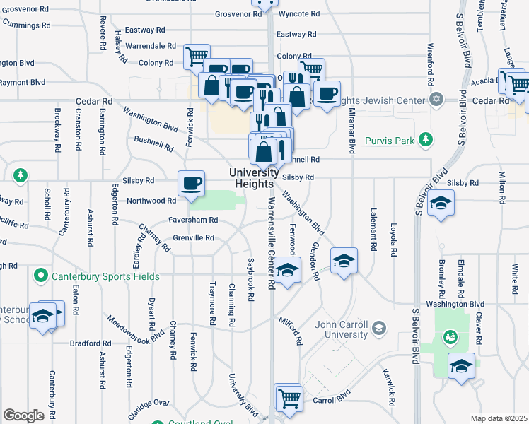 map of restaurants, bars, coffee shops, grocery stores, and more near 2326 Traymore Road in University Heights