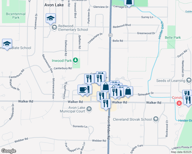map of restaurants, bars, coffee shops, grocery stores, and more near 100 Community Drive in Avon Lake
