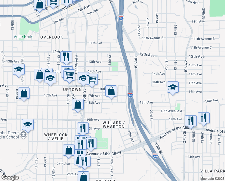 map of restaurants, bars, coffee shops, grocery stores, and more near 1821 17th Avenue in Moline