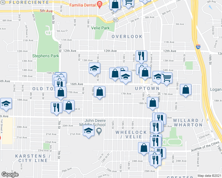 map of restaurants, bars, coffee shops, grocery stores, and more near 1117 17th Avenue in Moline