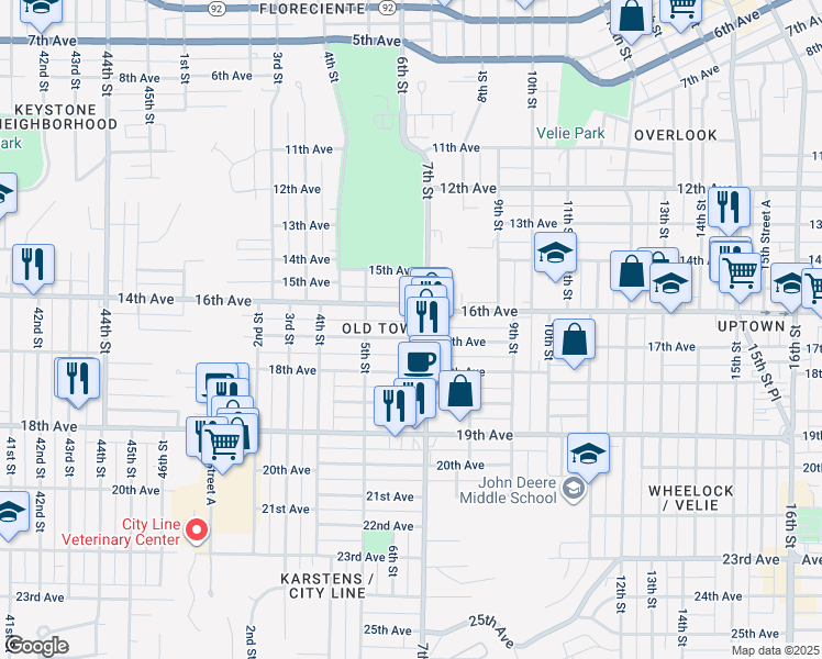 map of restaurants, bars, coffee shops, grocery stores, and more near 560 17th Avenue in Moline