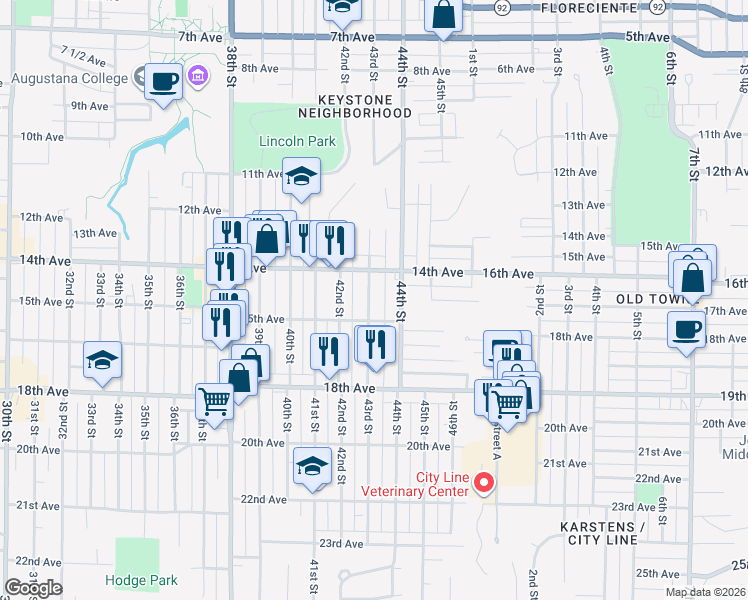 map of restaurants, bars, coffee shops, grocery stores, and more near 1433 43rd Street in Rock Island