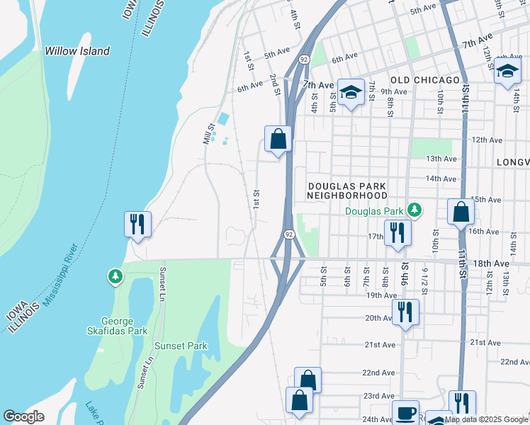map of restaurants, bars, coffee shops, grocery stores, and more near 100-198 16th Avenue in Rock Island