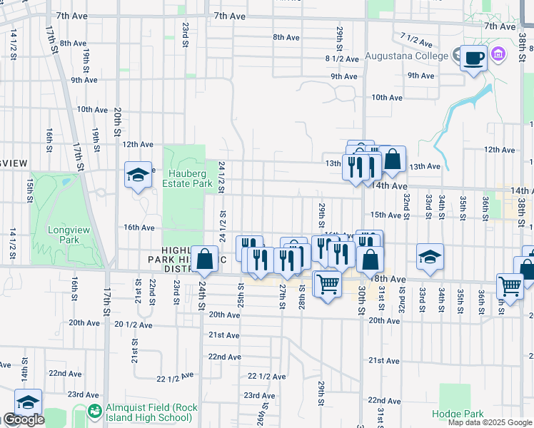 map of restaurants, bars, coffee shops, grocery stores, and more near 1523 26th Street in Rock Island