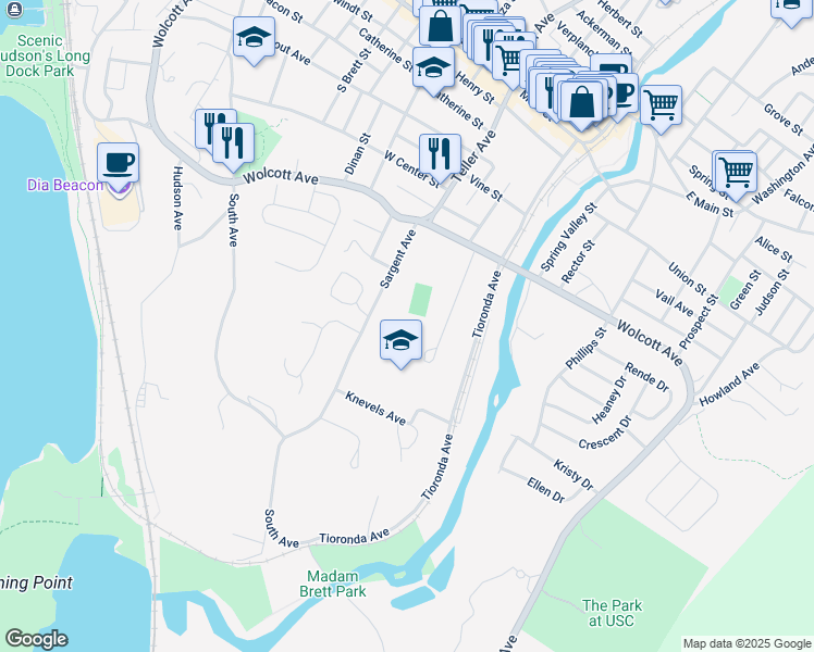 map of restaurants, bars, coffee shops, grocery stores, and more near 10 Education Drive in Beacon
