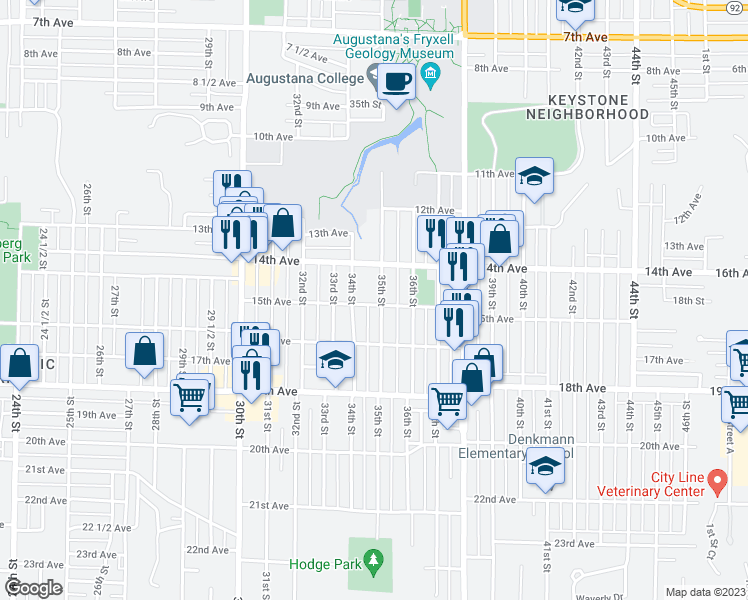 map of restaurants, bars, coffee shops, grocery stores, and more near 3427 15th Avenue in Rock Island