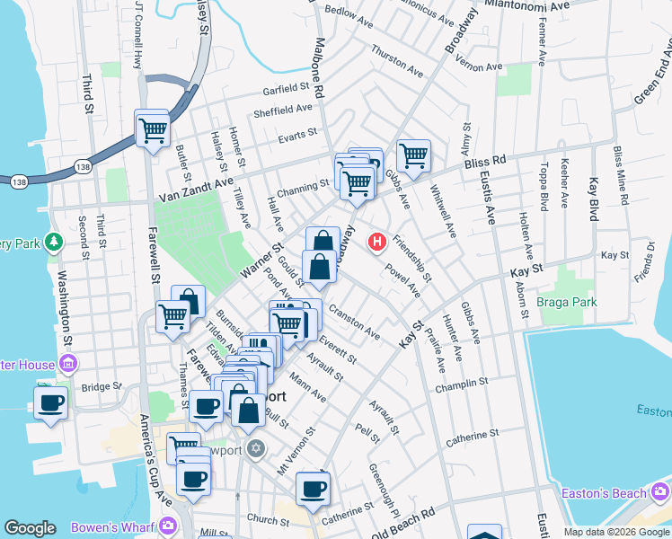 map of restaurants, bars, coffee shops, grocery stores, and more near 0 Rhode Island Avenue in Newport