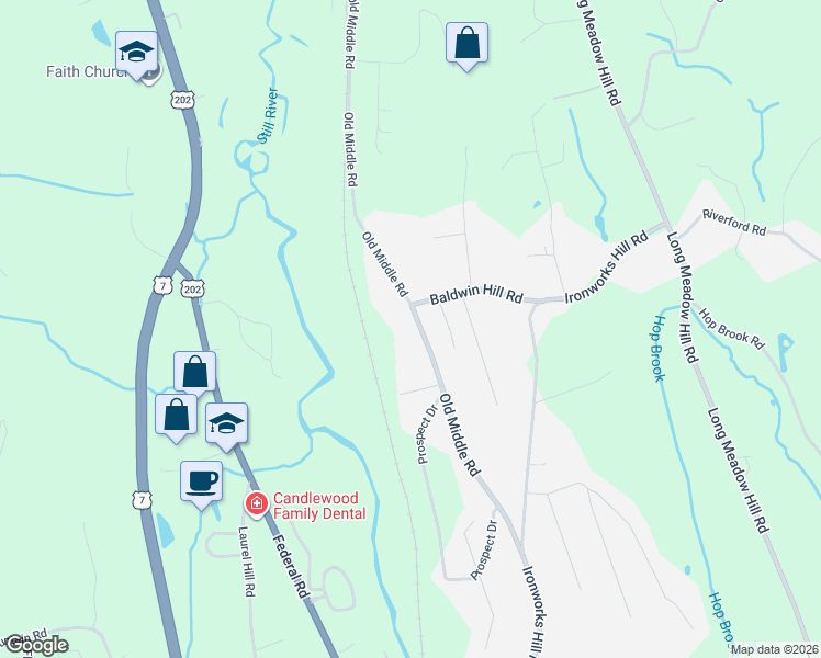 map of restaurants, bars, coffee shops, grocery stores, and more near 26 Old Middle Road in Brookfield