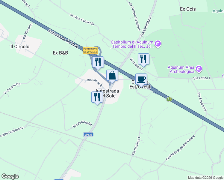 map of restaurants, bars, coffee shops, grocery stores, and more near 49 Via Leuciana in Autostrada del Sole