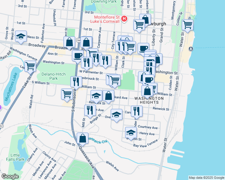 map of restaurants, bars, coffee shops, grocery stores, and more near 101 William Street in Newburgh