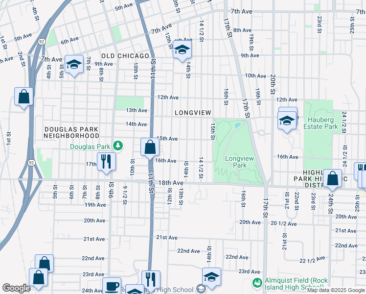 map of restaurants, bars, coffee shops, grocery stores, and more near 1514 14th Street in Rock Island