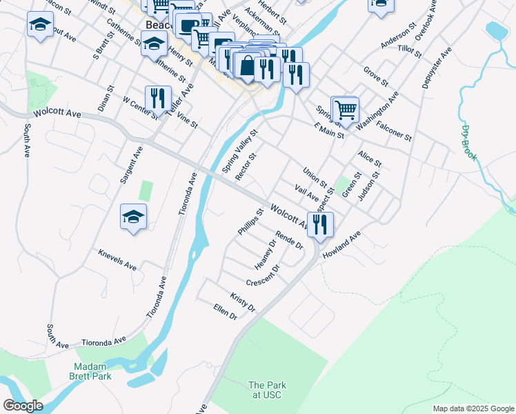 map of restaurants, bars, coffee shops, grocery stores, and more near 46 Phillips Street in Beacon