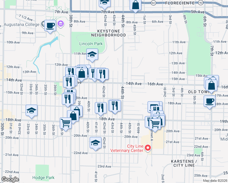 map of restaurants, bars, coffee shops, grocery stores, and more near 1433 43rd Street in Rock Island