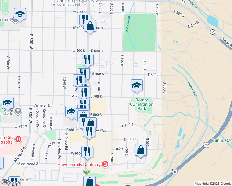 map of restaurants, bars, coffee shops, grocery stores, and more near 207 East 700 South in Brigham City