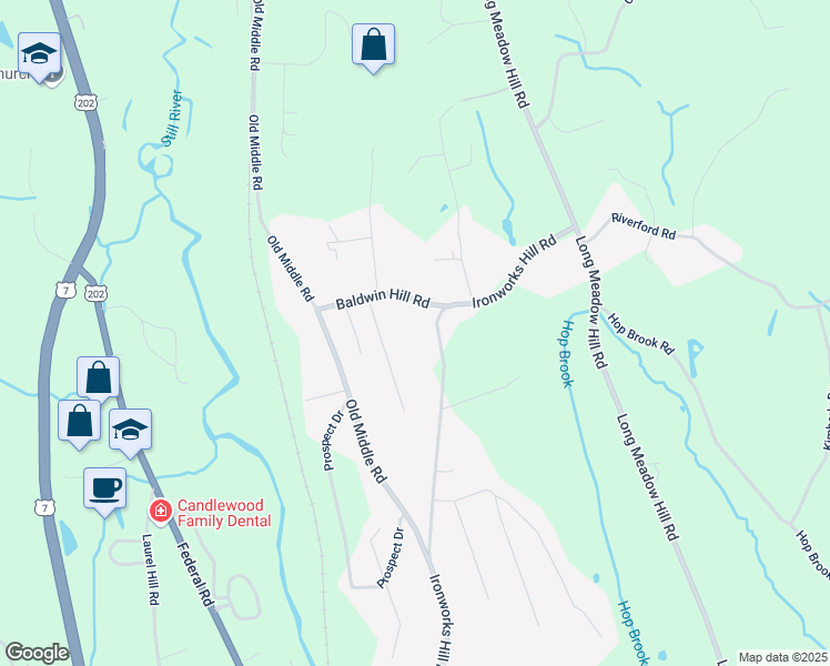 map of restaurants, bars, coffee shops, grocery stores, and more near 70 Ironworks Hill Road in Brookfield