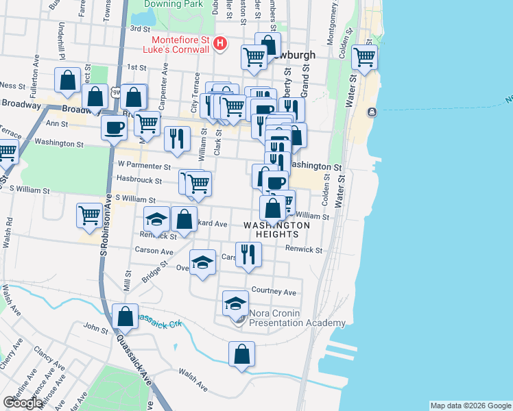 map of restaurants, bars, coffee shops, grocery stores, and more near 35 South Lander Street in Newburgh