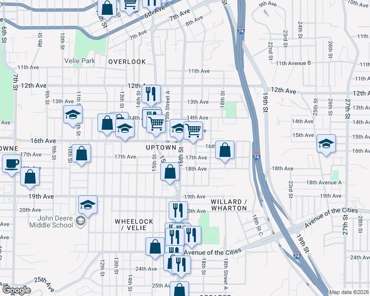 map of restaurants, bars, coffee shops, grocery stores, and more near 1616 16th Street in Moline