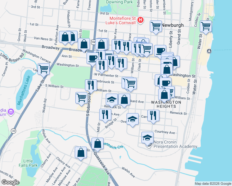 map of restaurants, bars, coffee shops, grocery stores, and more near 104 Benkard Avenue in Newburgh