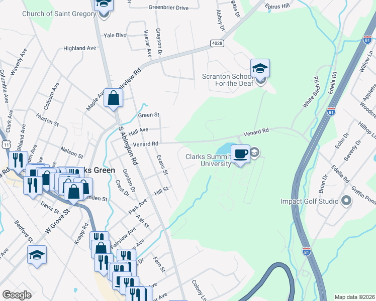 map of restaurants, bars, coffee shops, grocery stores, and more near in Lackawanna County