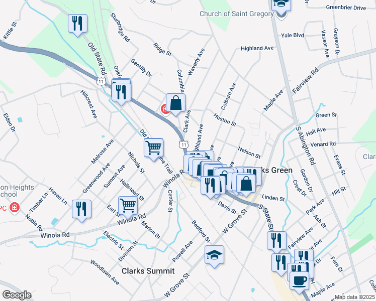 map of restaurants, bars, coffee shops, grocery stores, and more near 112 North State Street in Clarks Summit