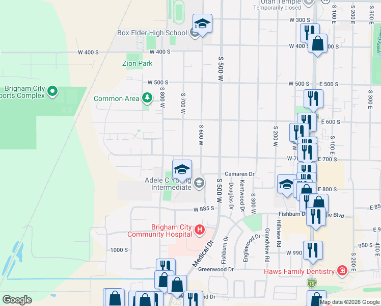map of restaurants, bars, coffee shops, grocery stores, and more near 623 West 700 South in Brigham City