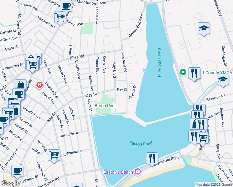 map of restaurants, bars, coffee shops, grocery stores, and more near 95 Bliss Mine Road in Newport