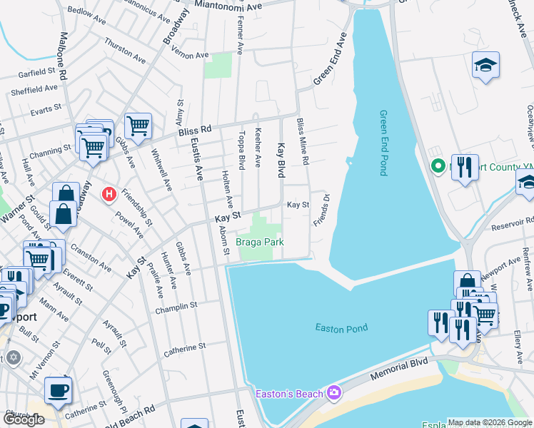map of restaurants, bars, coffee shops, grocery stores, and more near 8 Marion Street in Newport