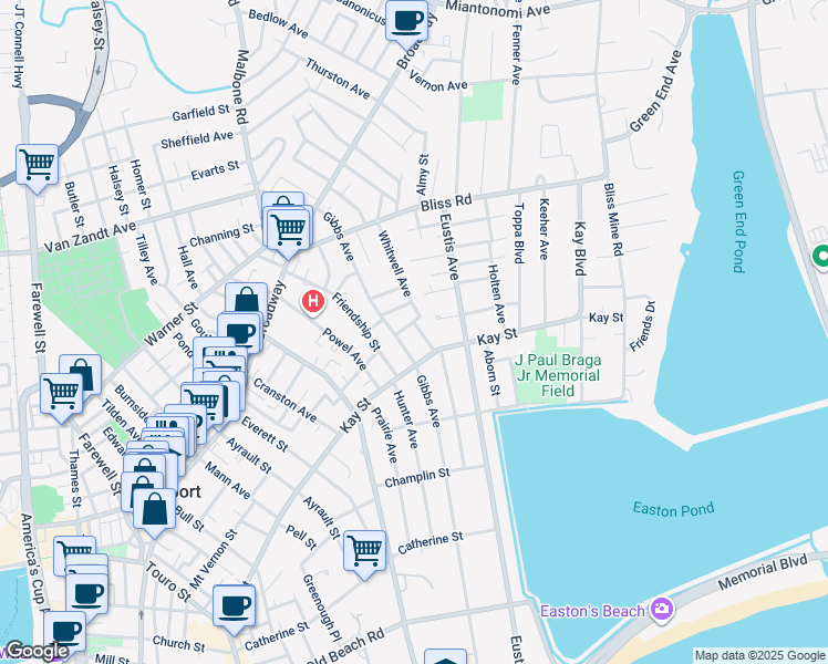 map of restaurants, bars, coffee shops, grocery stores, and more near 138 Gibbs Avenue in Newport