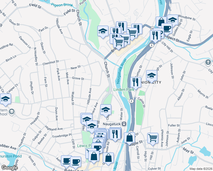 map of restaurants, bars, coffee shops, grocery stores, and more near 120 Salem Street in Naugatuck