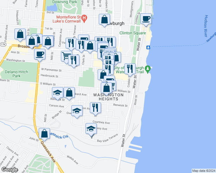 map of restaurants, bars, coffee shops, grocery stores, and more near 96 South William Street in Newburgh