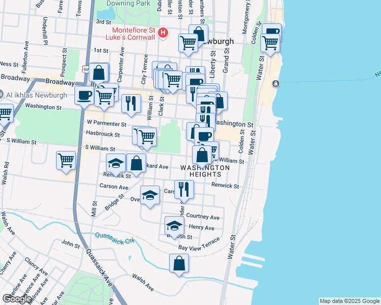 map of restaurants, bars, coffee shops, grocery stores, and more near 35 South Lander Street in Newburgh