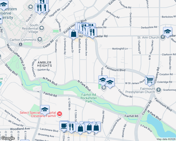 map of restaurants, bars, coffee shops, grocery stores, and more near 2330 Ardleigh Drive in Cleveland Heights