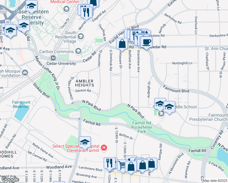 map of restaurants, bars, coffee shops, grocery stores, and more near 2339 South Overlook Road in Cleveland Heights